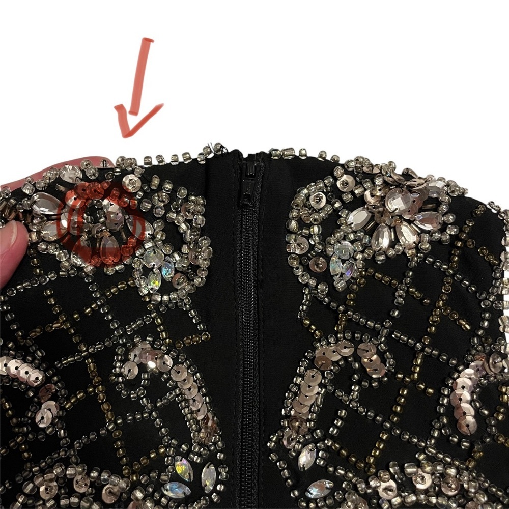 XSCAPE Long Black Beaded Sequin Open Back Sexy Formal Gown with Front Slit Sz 2 - Picture 8 of 14